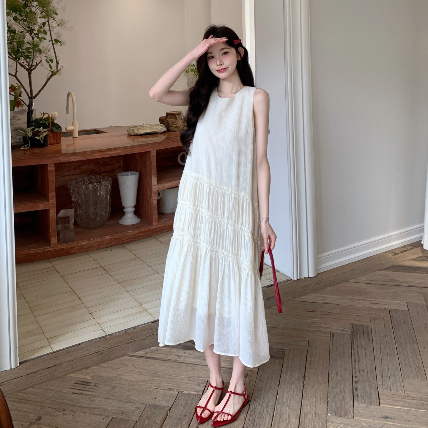 新款现货！韩系气质无袖米白色连衣裙159-790P125K188，女装连衣裙，浙宝159