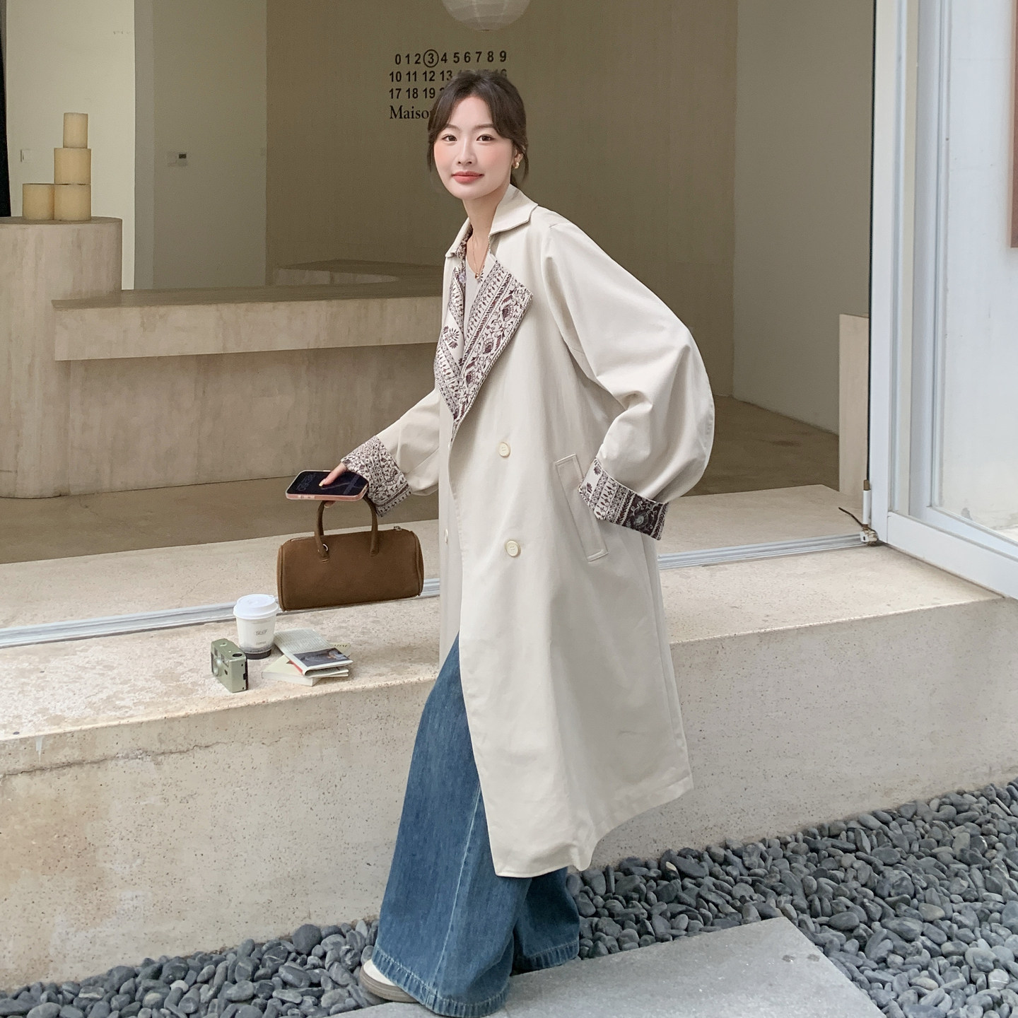 新款通勤风2026春装米白色宽松风衣长款159-2602P185K298,女装风衣,浙宝159