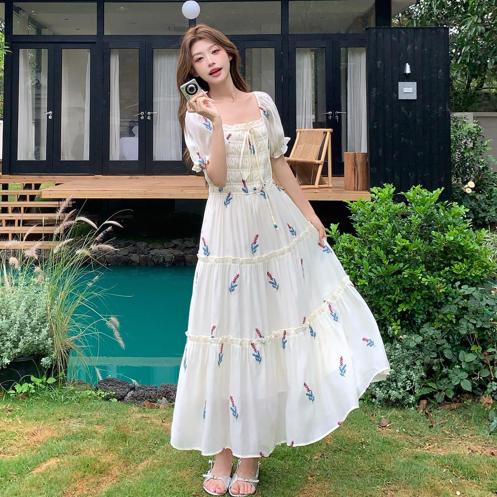 现货！米白色刺绣修身气质长款连衣裙159-779P125K188，女装连衣裙，浙宝159