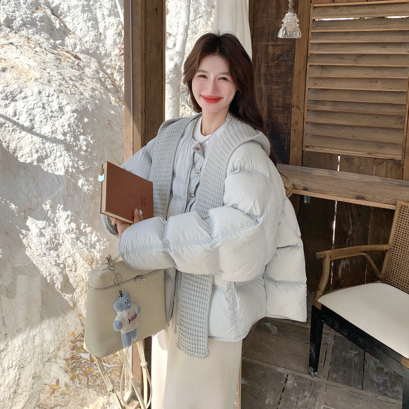 现货！泡芙蓝色带针织帽子加厚90白鸭绒羽绒服159-556P355K528，女装羽绒服，浙宝159