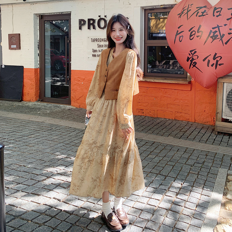 现货！复古长袖连衣裙麂皮绒马甲套装两件套159-0957P155K218,女装套装/套裙,浙宝159