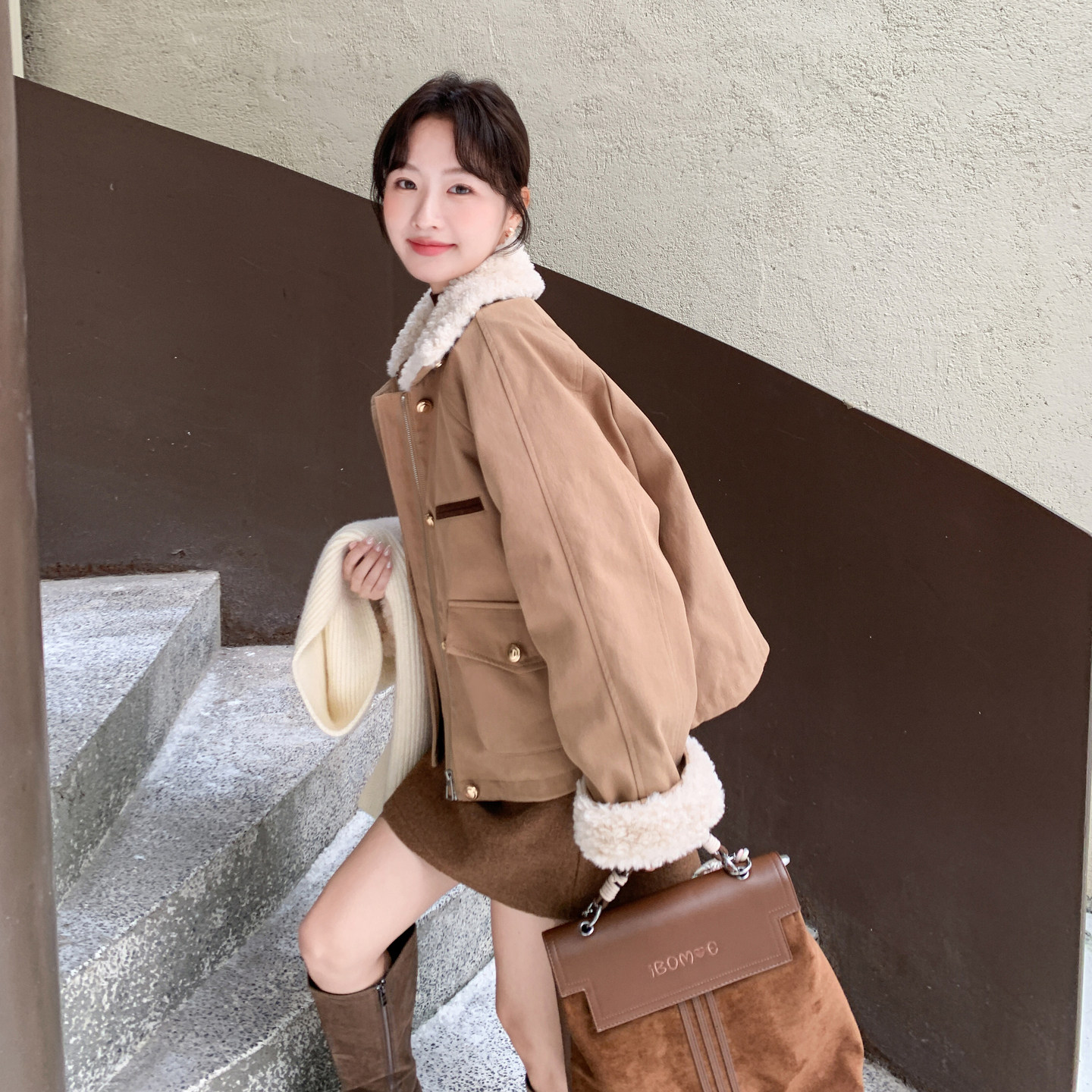 新款！卡其色羊羔毛90白鸭绒羽绒服外套159-560P275K418,女装羽绒服,浙宝159