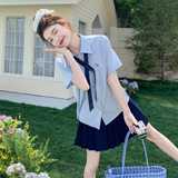 学院风条纹衬衫套装裙女2025夏季新款高腰显瘦百褶半身裙两件套，商品下架区，浙宝159