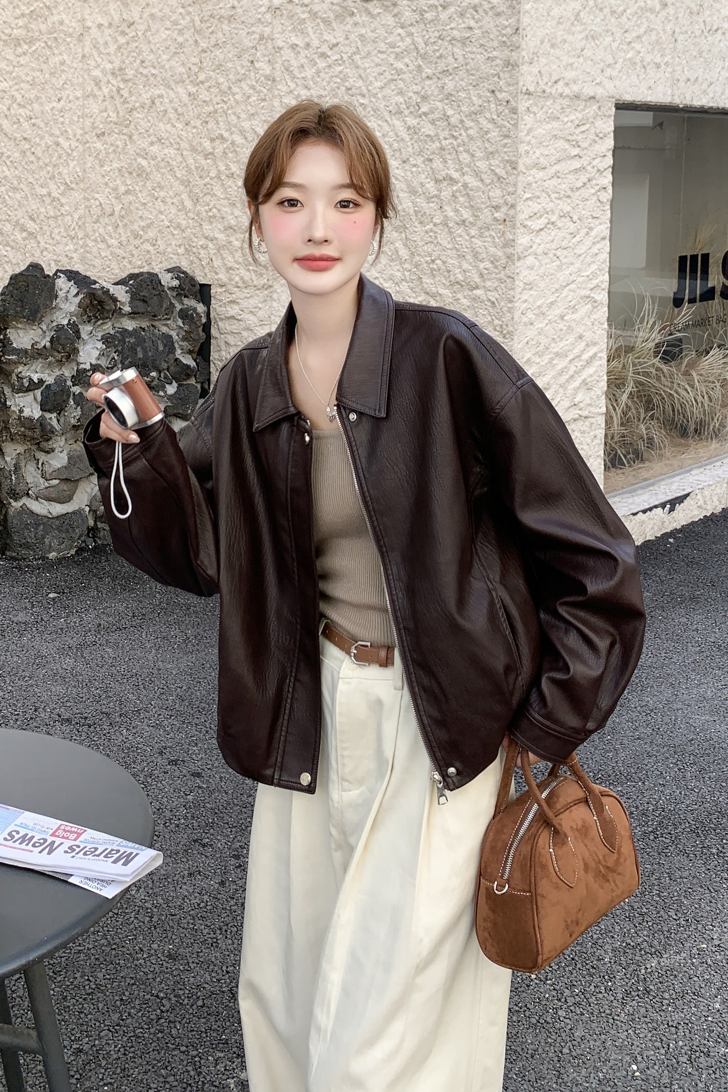 新款！红咖色短款韩系PU休闲皮衣159-531P145K218,女装皮衣,浙宝159