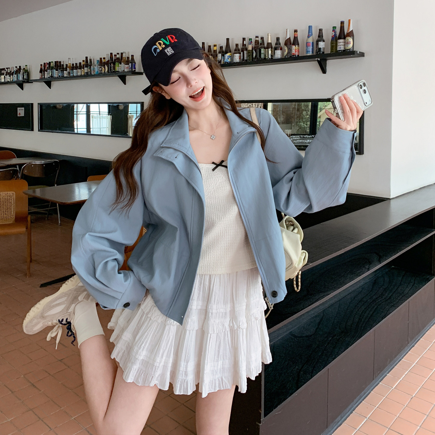 新款！韩版宽松春装蓝色皮衣外套159-2612P165K268，女装短外套，浙宝159