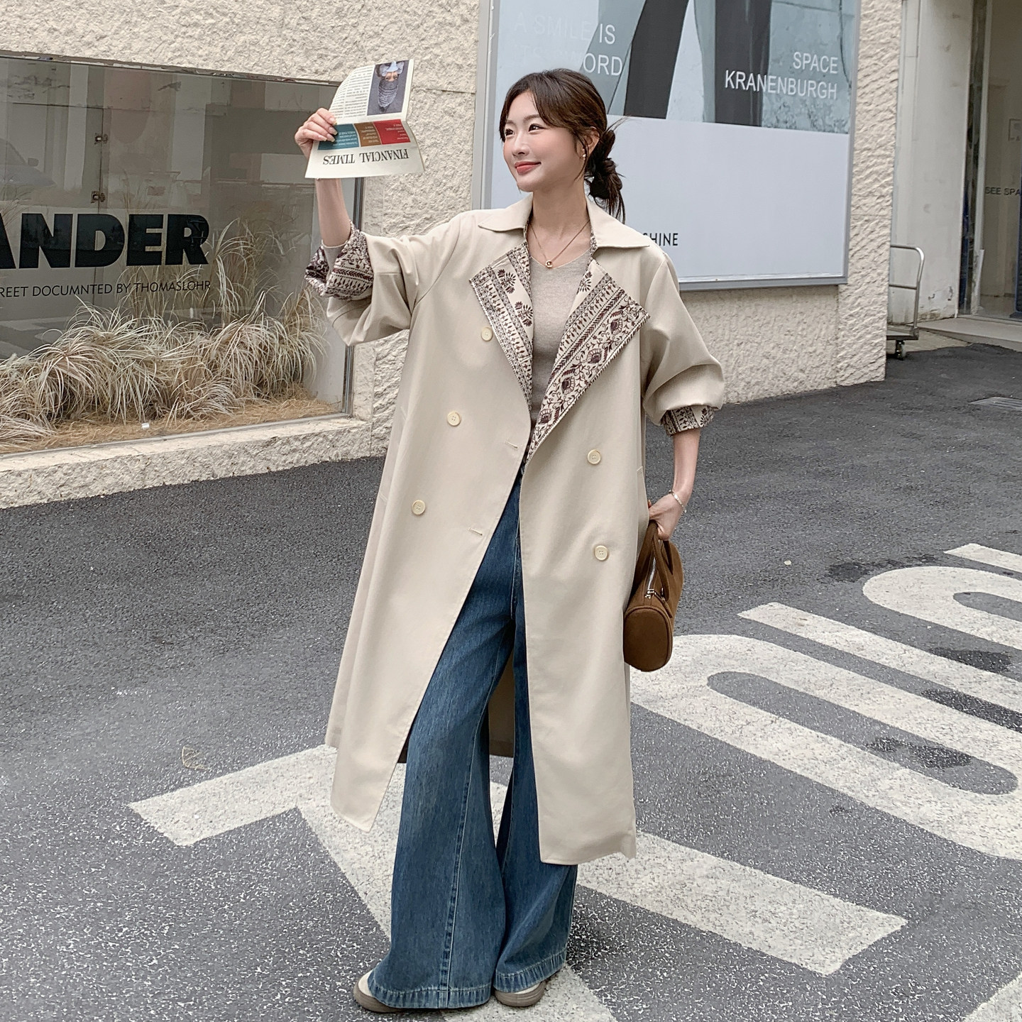 新款2026春装米白色宽松风衣长款159-2602P185K298，女装风衣，浙宝159