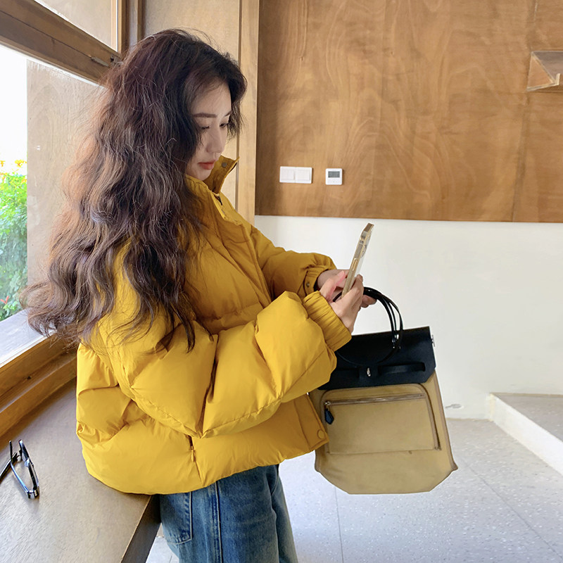 黄色小个子立领羽绒服女冬季新款韩系减龄加厚保暖90白鸭绒面包服,女装羽绒服,浙宝159