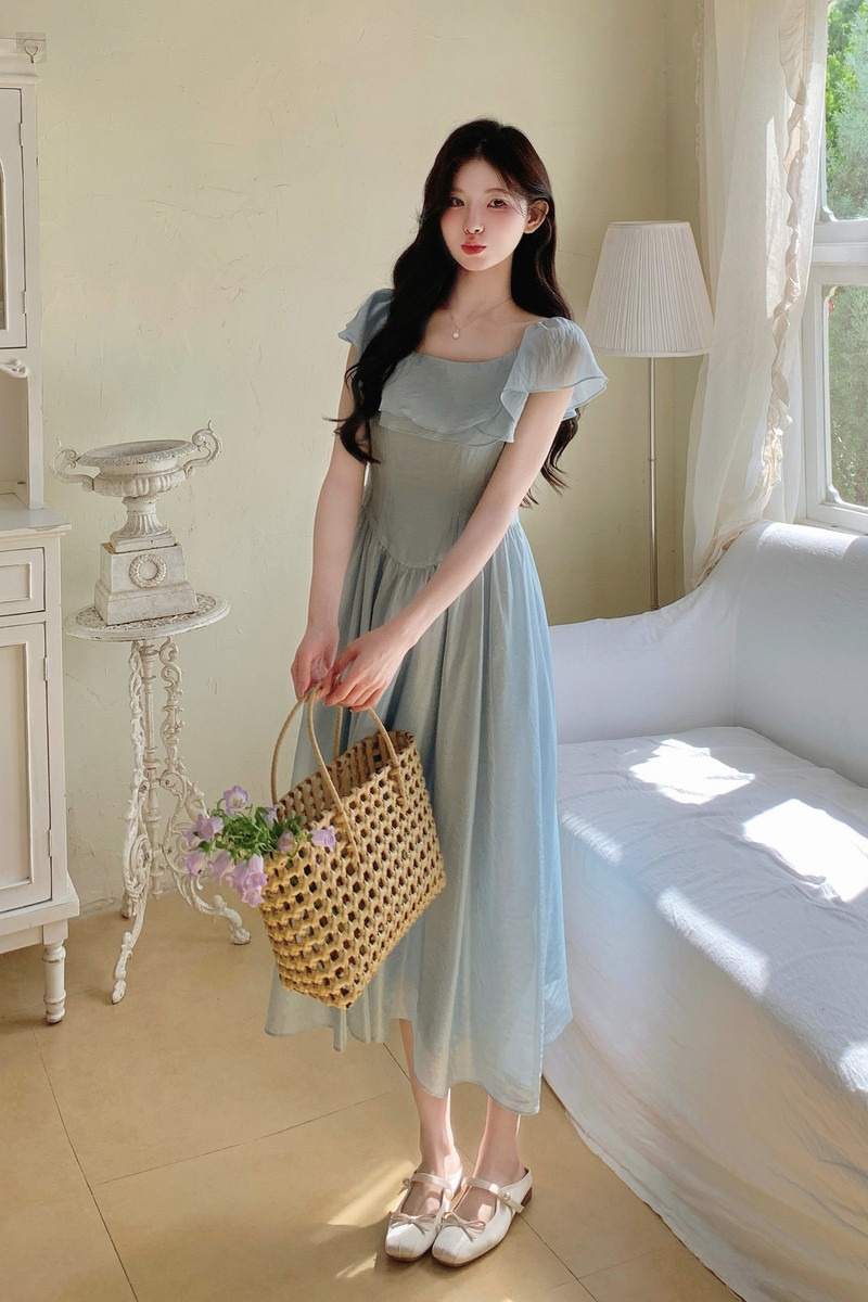 现货新款蓝色温柔韩系仙女连衣裙荷叶边收腰长裙159-776P125K188,女装连衣裙,浙宝159