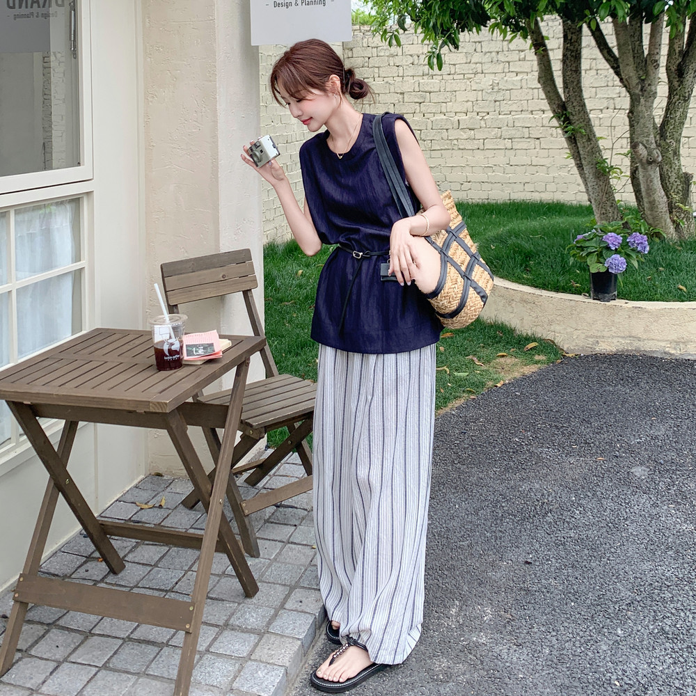 档口现货轻熟风无袖上衣+条纹阔腿裤两件套装159-780P165K238，女装套装/套裙，浙宝159