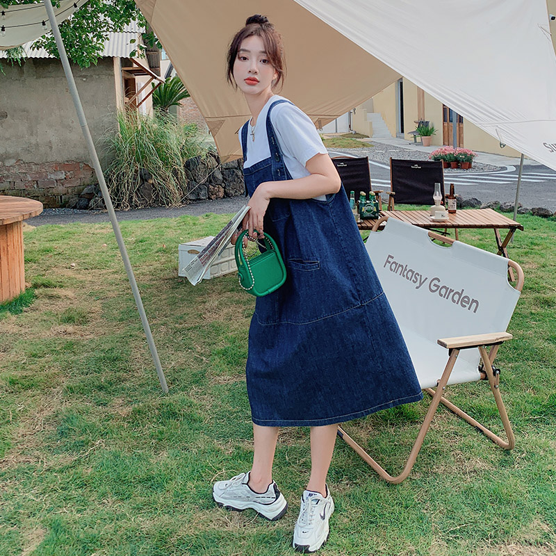 盐系甜美减龄工装牛仔背带裙女夏学院风宽松大码显瘦孕妇连衣裙,女装连衣裙,浙宝159