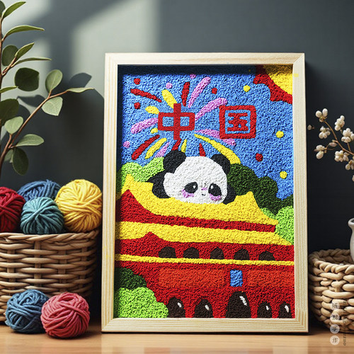 熊猫爱国纸浆画木框数字油画填色