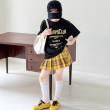 童套装2025夏季新款女童美式字母印花黑色短袖黄格子百褶裙