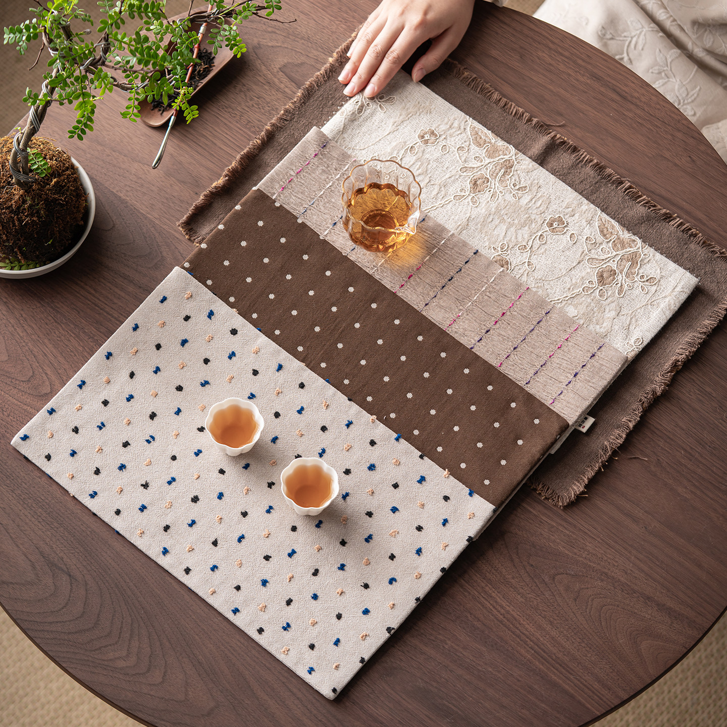 尘事国风棉麻刺绣干泡席茶道配件