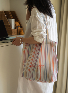 MOREGOOL 25/SS原创 彩色条纹印花托特包 通勤大容量单肩电脑包