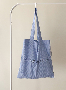 MOREGOOL 23/SS原创 蓝色条纹印花单肩帆布包 日常轻便棉布袋