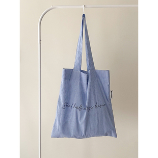 蓝色条纹印花单肩帆布包 SS原创 日常轻便棉布袋 MOREGOOL
