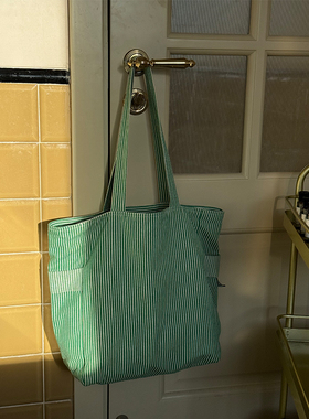 MOREGOOL 25/FW 原创 绿色条纹帆布包 百搭大容量厚实单肩托特包