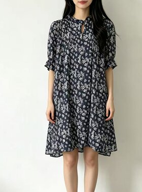 夏季木耳边领碎花显瘦雪纺连衣裙
