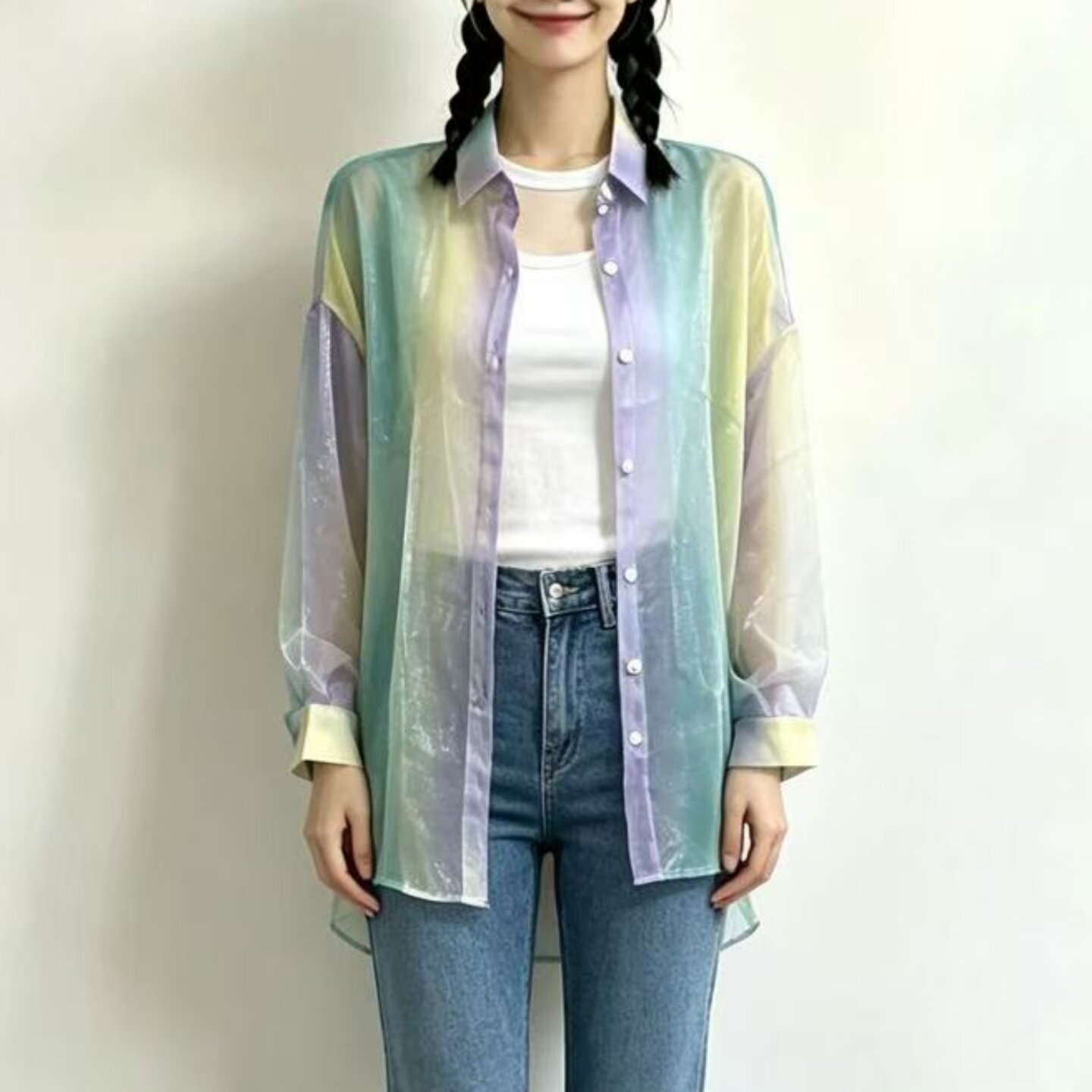 渐变幻彩珠光防晒衬衫女夏季 宽松透视长袖薄款衬衣百搭叠穿上衣