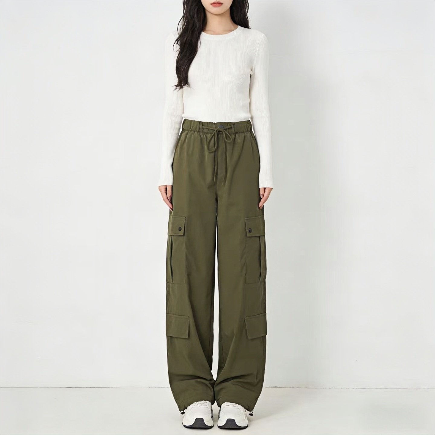 2025四季通用款简约工装裤女 高腰宽松阔腿抽绳束脚休闲直筒长裤,女装/女士精品,淘宝优惠券,粉丝福利购,淘宝优惠卷