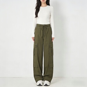 2025四季通用款简约工装裤女 高腰宽松阔腿抽绳束脚休闲直筒长裤