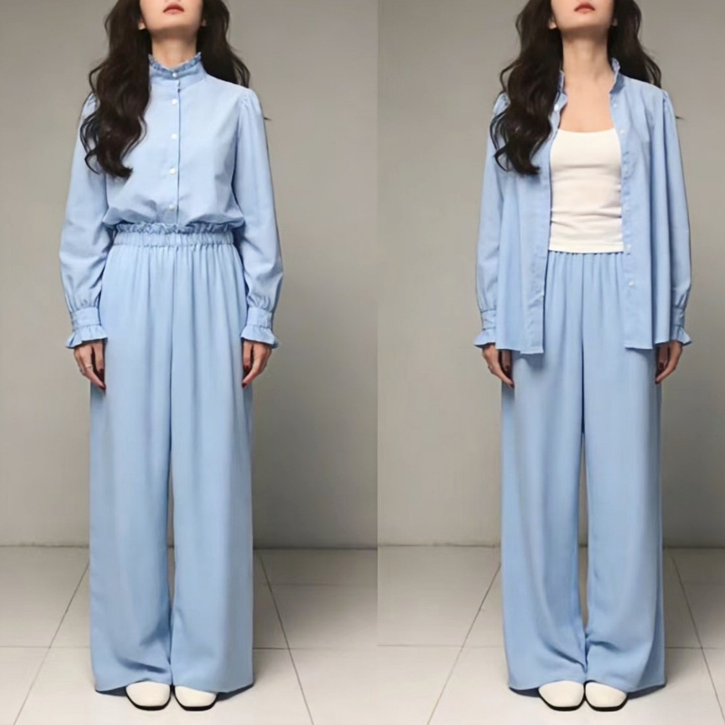 2026春夏木耳边衬衫+阔腿裤套装女 新款气质百搭垂感休闲两件套,女装/女士精品,时尚套装,淘宝优惠券,粉丝福利购,淘宝优惠卷