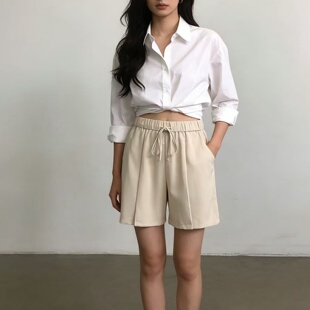 夏季 女 松紧腰休闲五分裤 高腰百搭西装 裤 垂感开叉阔腿短裤 薄款