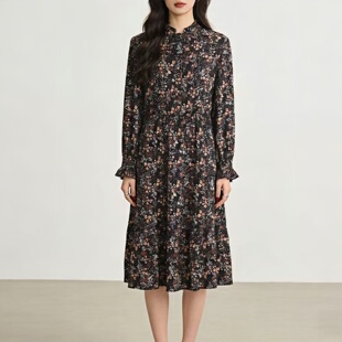 2026春夏复古碎花雪纺连衣裙女 木耳边收腰森女风长袖宽松中长裙