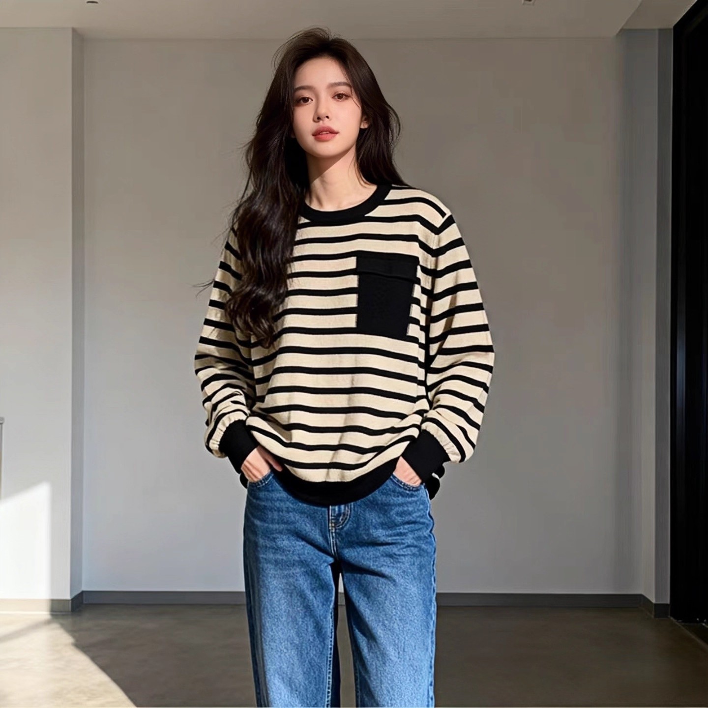 条纹慵懒风圆领宽松型落肩针织衫