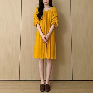 2026春夏一字领简约风中长连衣裙女 A字裙 宽松显瘦荷叶边泡泡袖