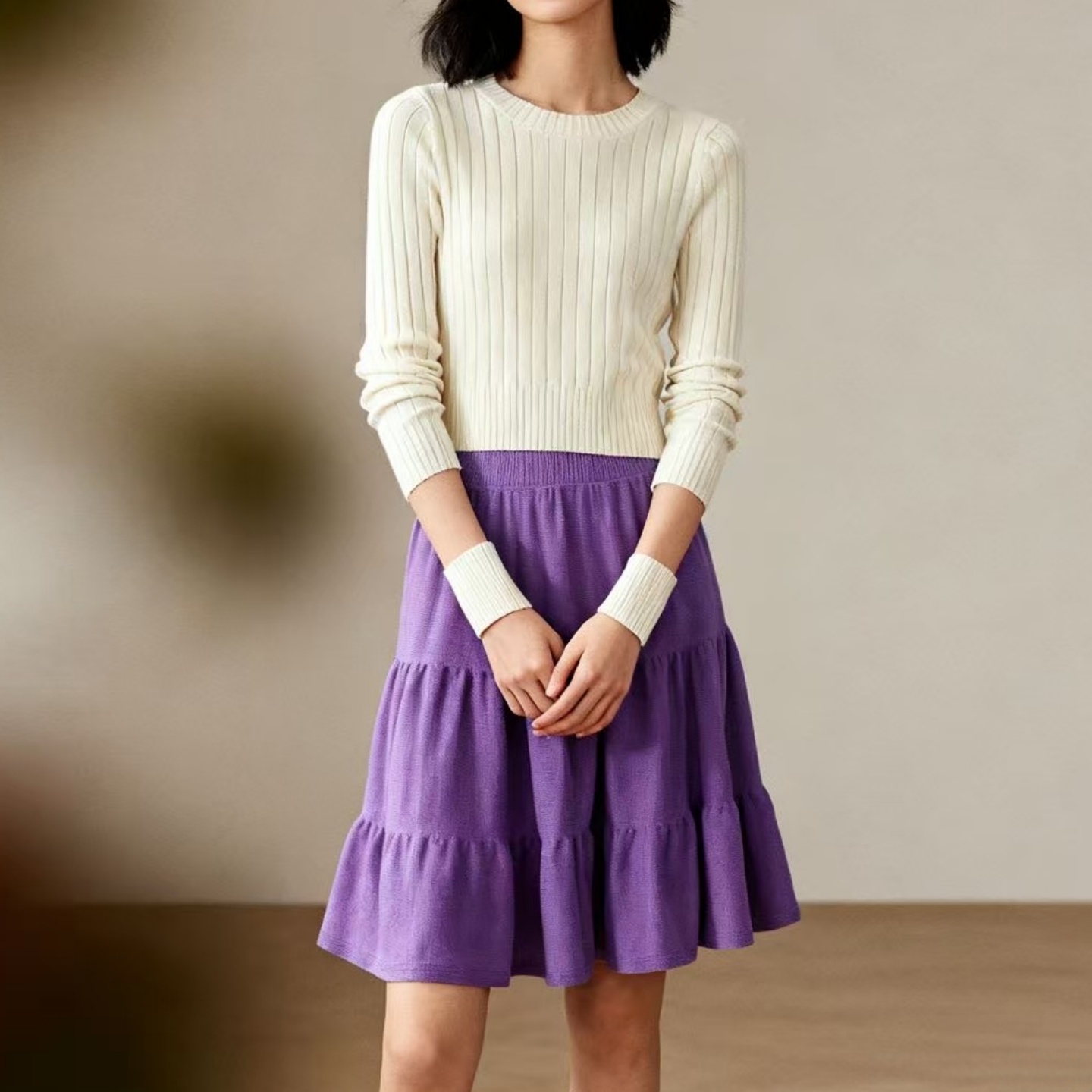 香芋紫针织蛋糕裙女高腰三层荷叶