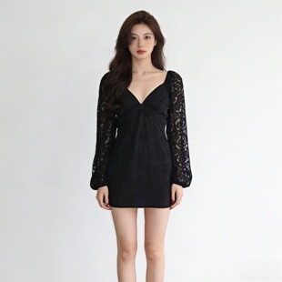 性感短款 连衣裙女 显瘦气质百搭小黑裙 方领蕾丝长袖 2026春夏新款