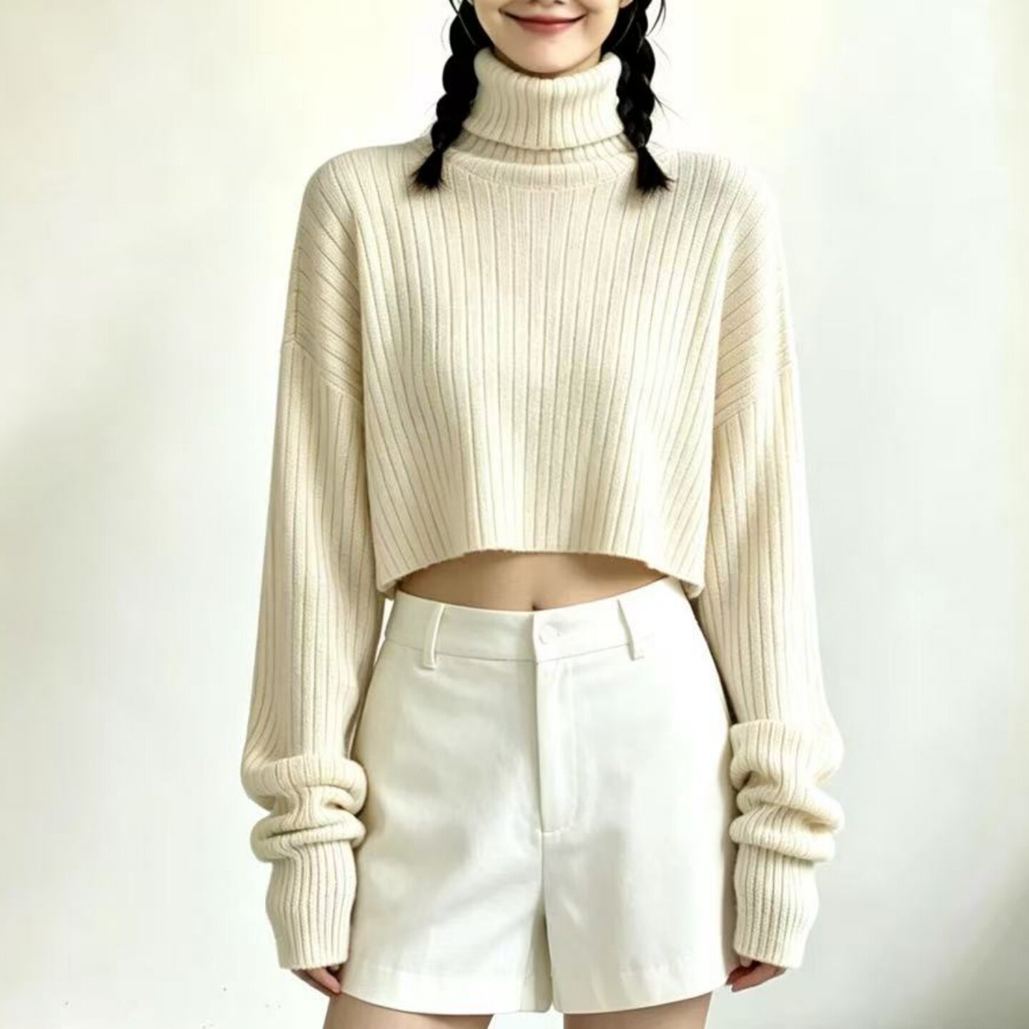 2026秋季高领短款毛衣女 慵懒超长袖坑条针织衫宽松露腰打底上衣