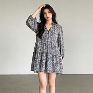 2026夏季法式复古风碎花连衣裙女 灯笼袖宽松显瘦中长款雪纺A字裙