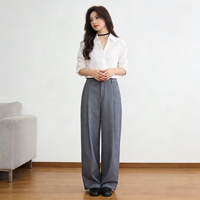 春夏秋高腰垂坠显瘦阔腿女西装裤