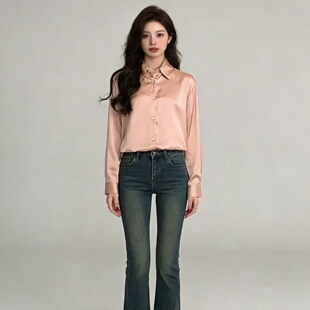 香槟色缎面衬衫女 2026新款宽松显瘦仿真丝长袖衬衣百搭垂感上衣