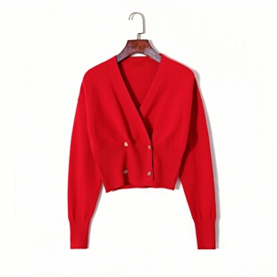 显瘦毛衣 女双排扣设计感修身 复古风百搭上衣 针织开衫 秋冬V领短款