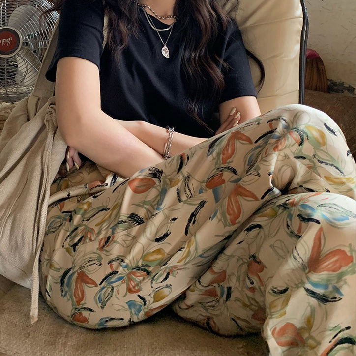 棉绸睡裤女夏人造棉薄款防蚊阔腿裤春秋外穿大码家居休闲九分长裤