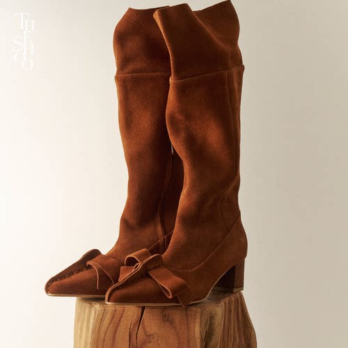 THE SHOO早春晴朗孙千同款真皮牛反绒手工外缝蜡线蝴蝶结高跟长靴