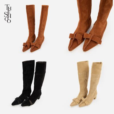 THE SHOO孙千同款设计师款真皮牛反绒手工外缝蜡线蝴蝶结高跟长靴