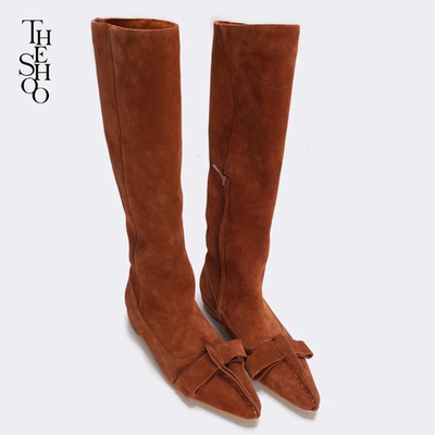 THE SHOO孙千同款设计师款真皮牛反绒手工缝制蝴蝶结 高跟长靴