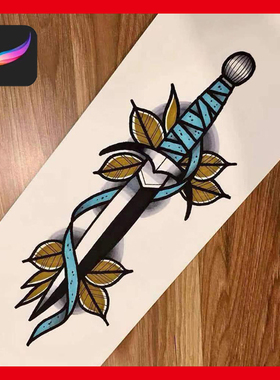 ipad procreate笔刷Old schoo水彩心形小刀月亮绘画软件刺青素材