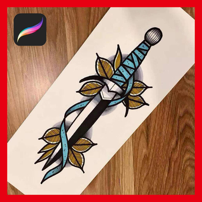 ipad procreate笔刷Old schoo水彩心形小刀月亮绘画软件刺青素材