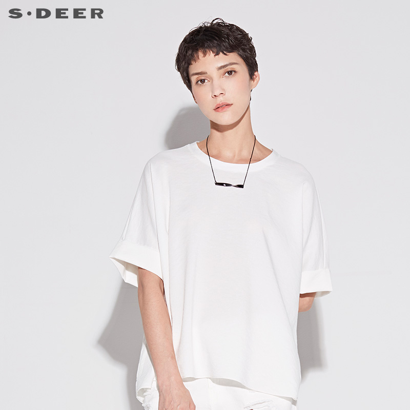 sdeer圣迪奥2018新款夏装套头圆领宽松纯色A字中袖T恤S18260430