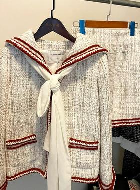 YAN 高级手工定制  海军领白色飘带小香风外套