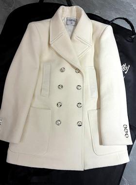 Yan.高级成衣定制 法式优雅气质白色羊绒翻领双排扣中长款大衣