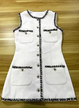 Yan.高级成衣定制 法式小香风白色圆领修身粗花呢新款马甲连衣裙