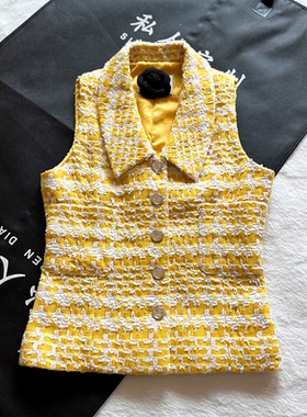 Yan.高级成衣定制 夏日薄款鹅黄色别致翻领修身粗花呢马甲外套