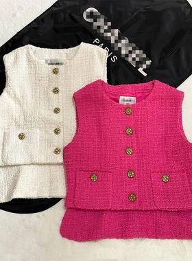 Yan.高级成衣定制法式小香风白色、玫红色前短后长不对称下摆马甲