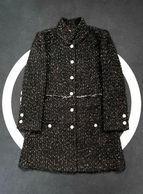 Yan.高级成衣定制 法式小香风黑色立领单排扣亮丝编织粗花呢大衣